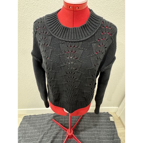 Chunky Knit Black Pullover Sweater Leaf Pattern Casual Cozy - Picture 2 of 7